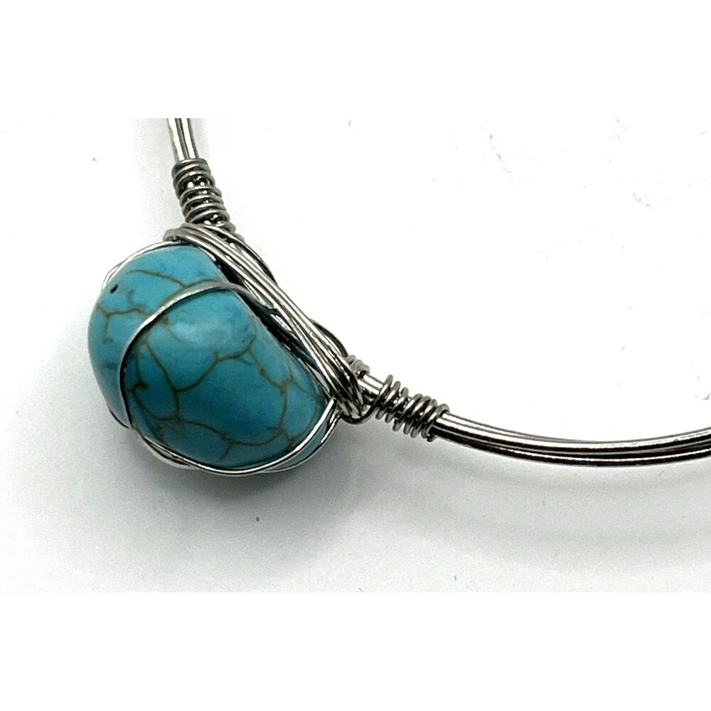 Jules C Turquoise Look Wire Wrapped Bangle Bracelet Boho Artisan Silver Tone